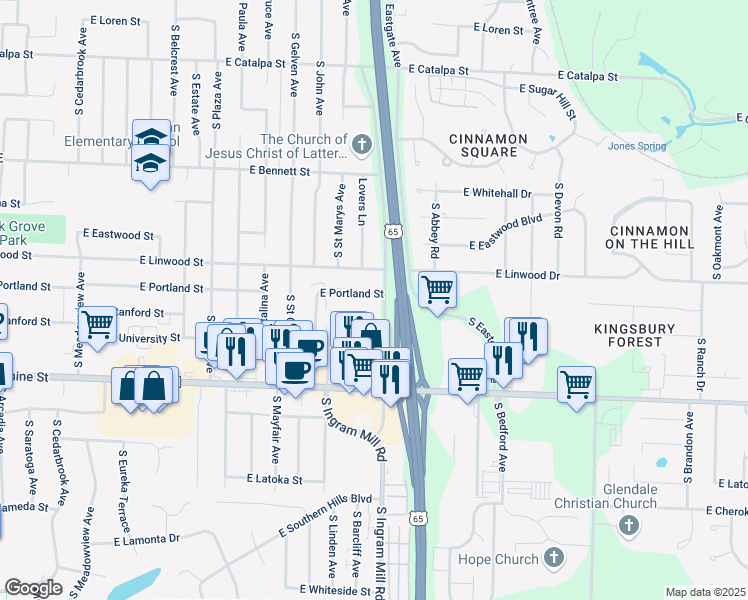map of restaurants, bars, coffee shops, grocery stores, and more near 3340 East Portland Street in Springfield