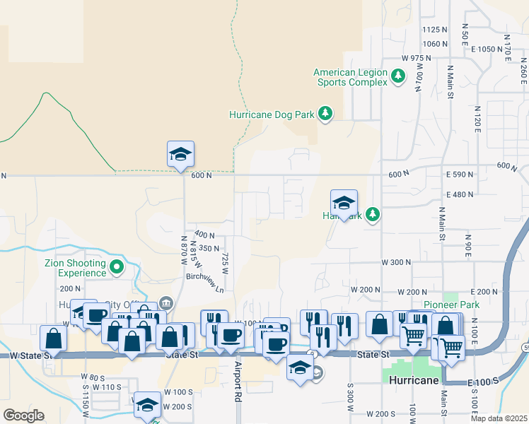 map of restaurants, bars, coffee shops, grocery stores, and more near 527 600 North in Hurricane