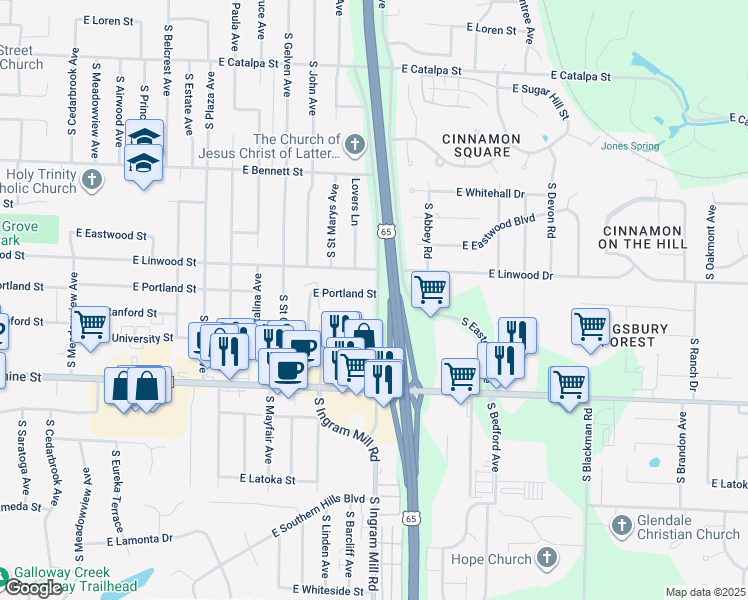 map of restaurants, bars, coffee shops, grocery stores, and more near 3340 East Portland Street in Springfield