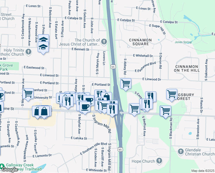 map of restaurants, bars, coffee shops, grocery stores, and more near 3340 East Portland Street in Springfield