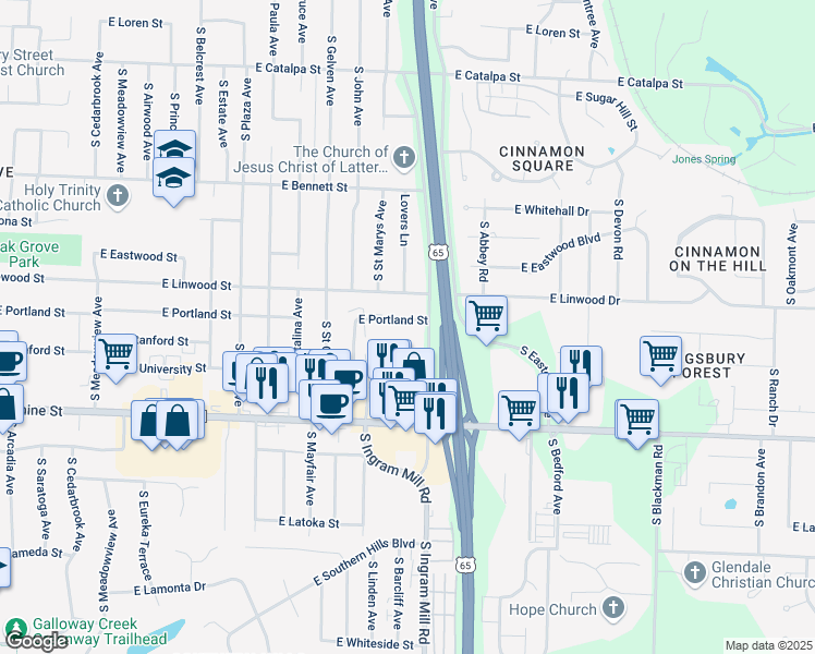 map of restaurants, bars, coffee shops, grocery stores, and more near 3340 East Portland Street in Springfield