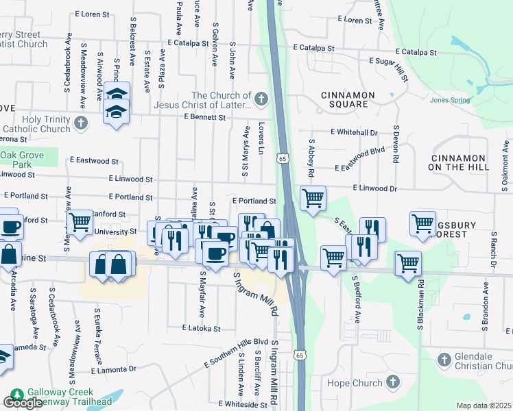 map of restaurants, bars, coffee shops, grocery stores, and more near 3340 East Portland Street in Springfield