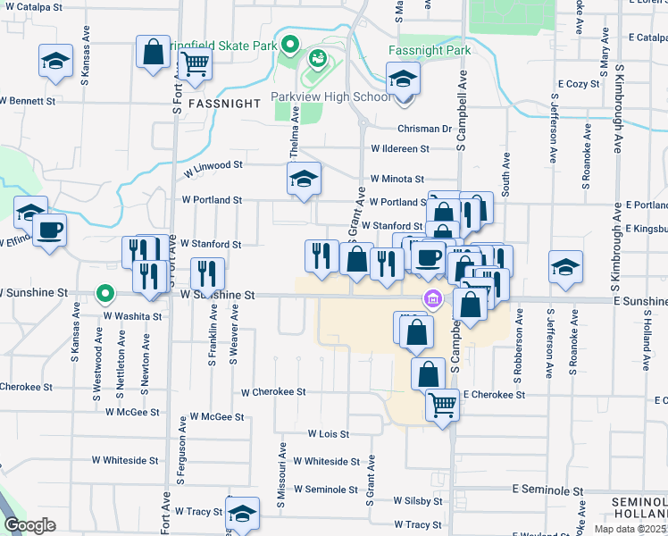 map of restaurants, bars, coffee shops, grocery stores, and more near 808 West University Street in Springfield