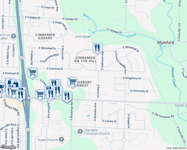 map of restaurants, bars, coffee shops, grocery stores, and more near 3951 East Kingsbury Street in Springfield