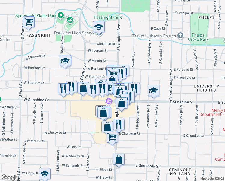 map of restaurants, bars, coffee shops, grocery stores, and more near 1749 S Campbell Ave in Springfield