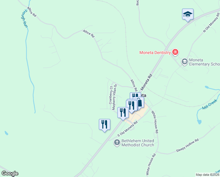 map of restaurants, bars, coffee shops, grocery stores, and more near Mayberry Villas Drive in Moneta
