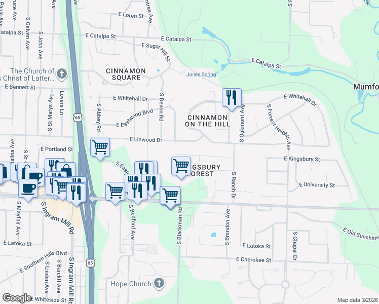 map of restaurants, bars, coffee shops, grocery stores, and more near 3837 East Kingsbury Street in Springfield