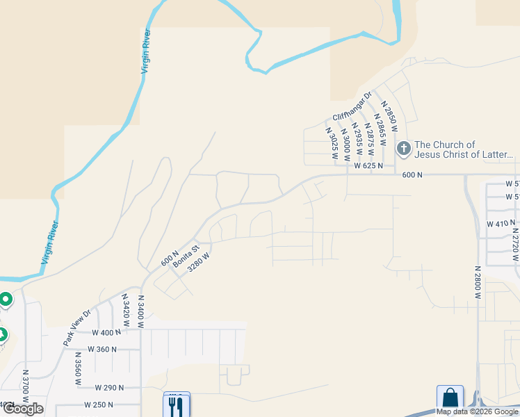 map of restaurants, bars, coffee shops, grocery stores, and more near 3180 600 North in Hurricane