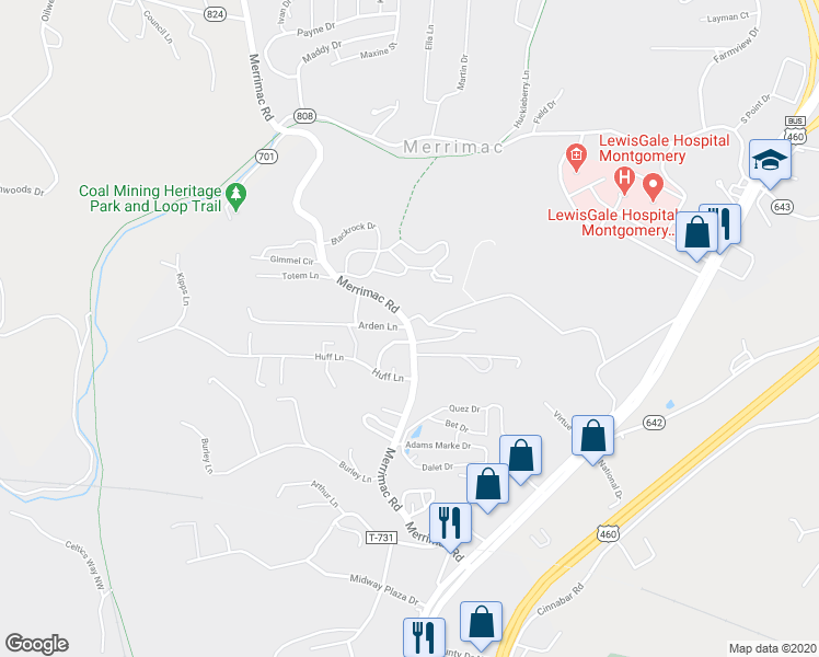 map of restaurants, bars, coffee shops, grocery stores, and more near 608 Merrimac Road in Blacksburg