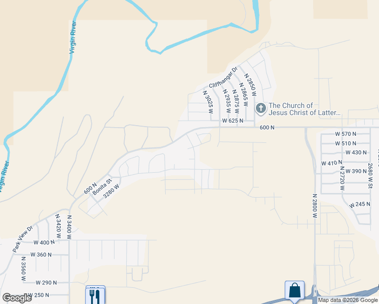 map of restaurants, bars, coffee shops, grocery stores, and more near 3089 West 570 North in Hurricane