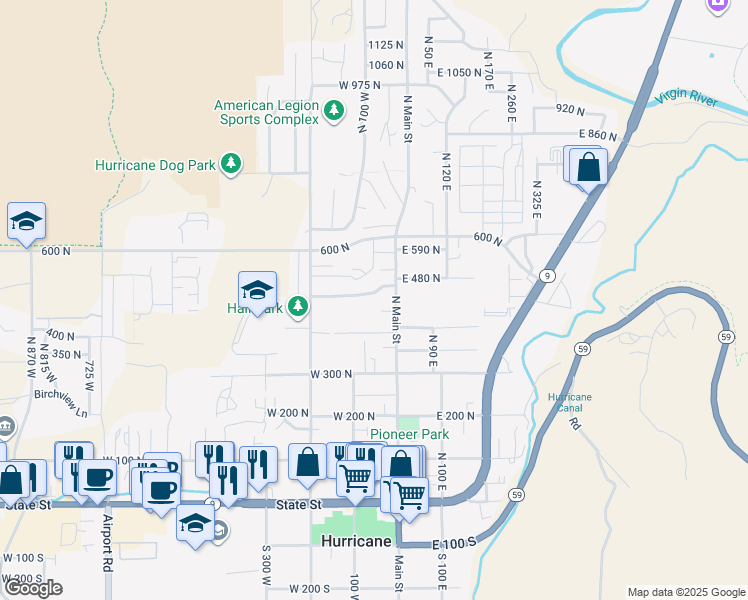map of restaurants, bars, coffee shops, grocery stores, and more near 47 Judd Lane in Hurricane