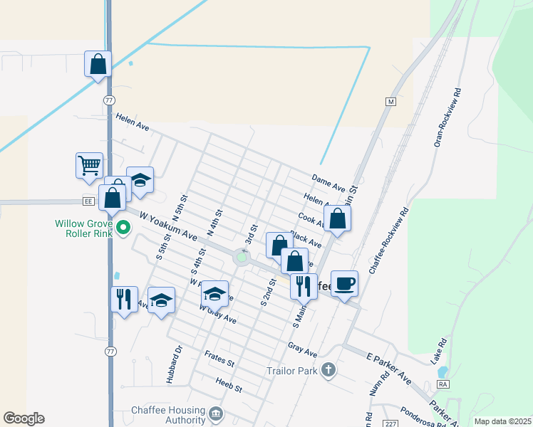 map of restaurants, bars, coffee shops, grocery stores, and more near 312 North 3rd Street in Chaffee