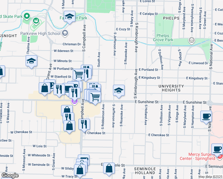 map of restaurants, bars, coffee shops, grocery stores, and more near 1717 South Jefferson Avenue in Springfield