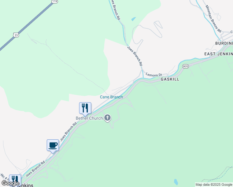 map of restaurants, bars, coffee shops, grocery stores, and more near 151 Joes Branch Road in Jenkins