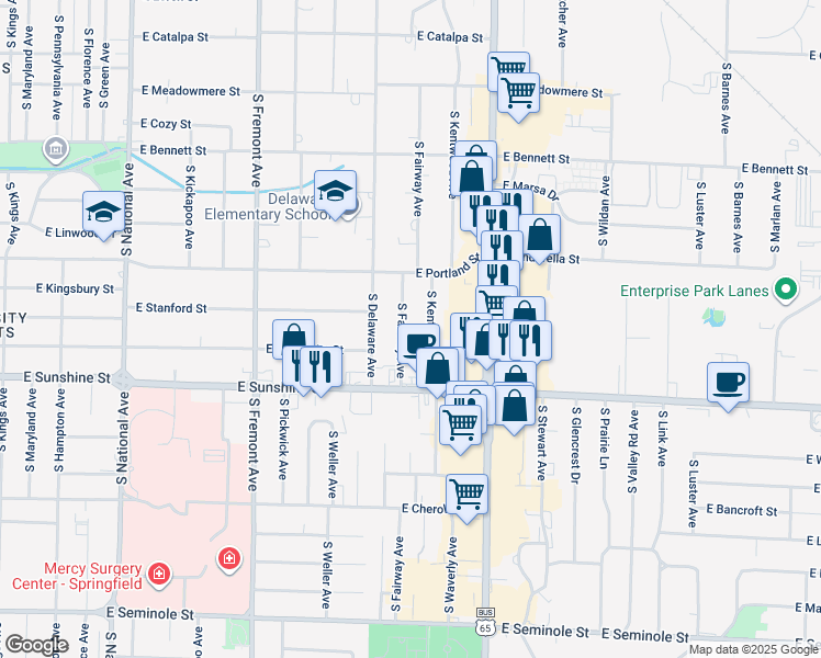 map of restaurants, bars, coffee shops, grocery stores, and more near 1722 South Fairway Avenue in Springfield