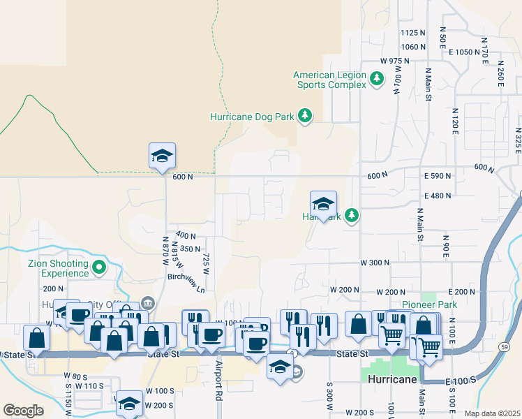 map of restaurants, bars, coffee shops, grocery stores, and more near 481 530 West in Hurricane