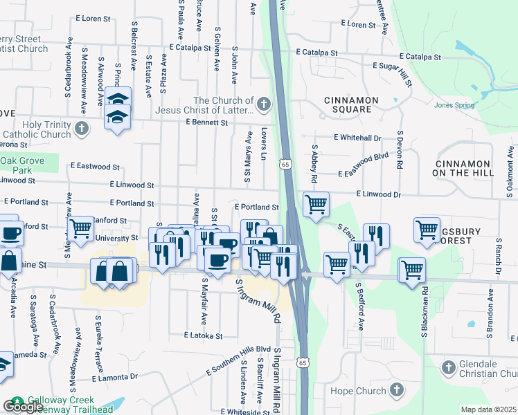 map of restaurants, bars, coffee shops, grocery stores, and more near 3340 East Portland Street in Springfield