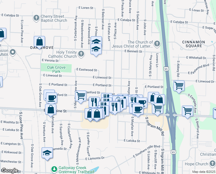 map of restaurants, bars, coffee shops, grocery stores, and more near 1602 South Estate Avenue in Springfield