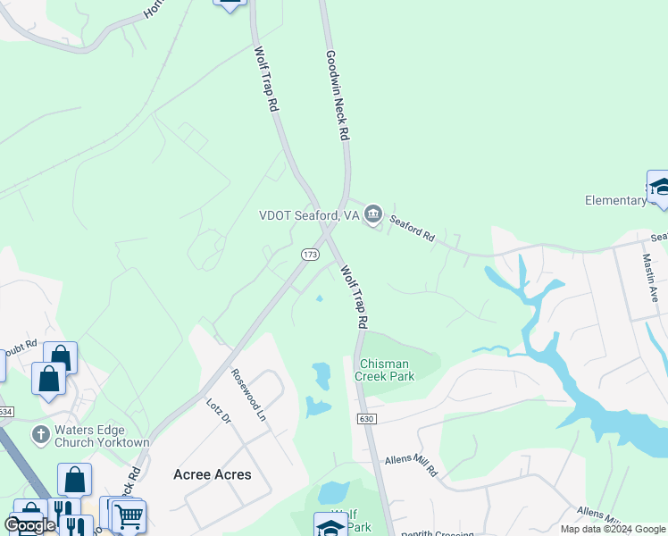 map of restaurants, bars, coffee shops, grocery stores, and more near 101 Palmer Court in Yorktown