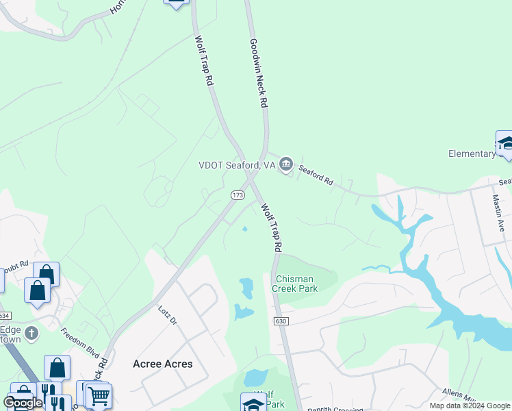 map of restaurants, bars, coffee shops, grocery stores, and more near 101 Palmer Court in Yorktown