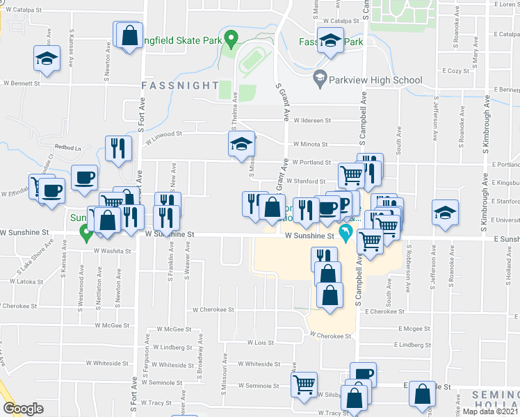 map of restaurants, bars, coffee shops, grocery stores, and more near 799 West University Street in Springfield