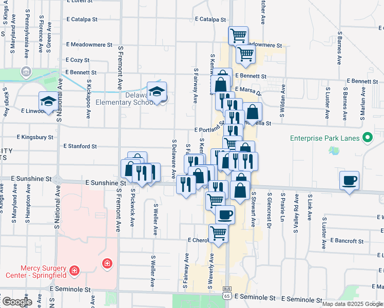 map of restaurants, bars, coffee shops, grocery stores, and more near 1722 South Fairway Avenue in Springfield