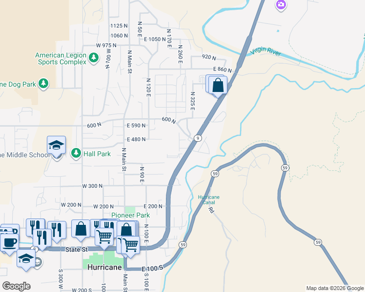 map of restaurants, bars, coffee shops, grocery stores, and more near 306 East 500 North in Hurricane