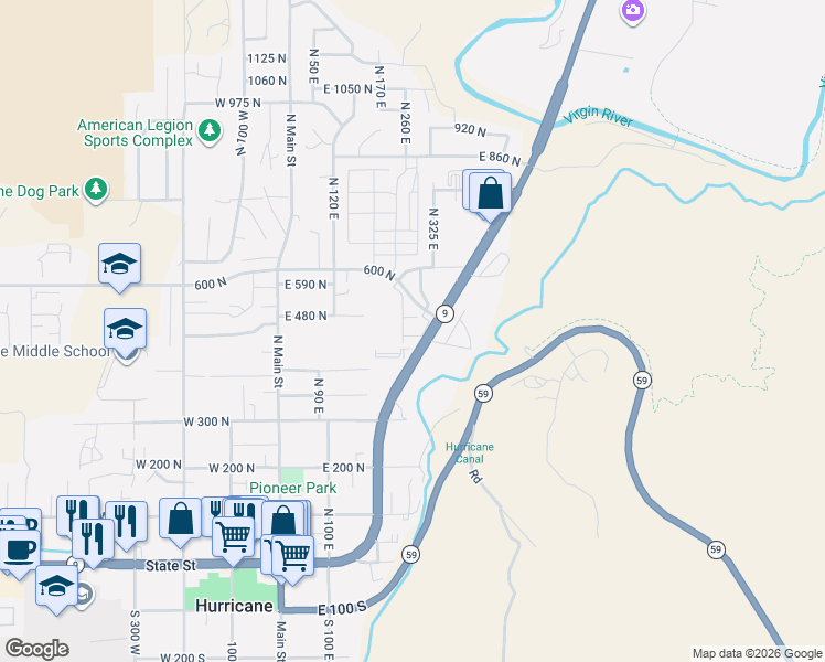 map of restaurants, bars, coffee shops, grocery stores, and more near 306 East 500 North in Hurricane
