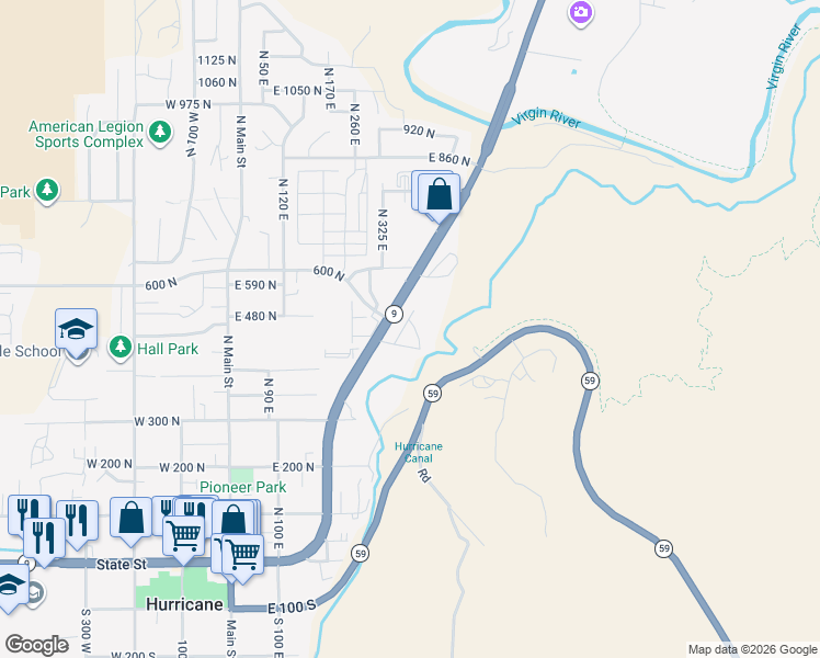 map of restaurants, bars, coffee shops, grocery stores, and more near 306 East 500 North in Hurricane