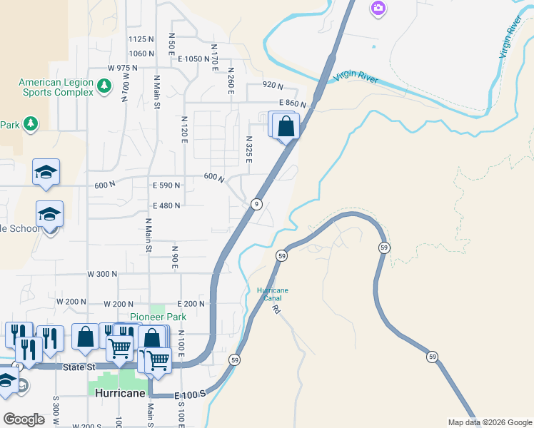 map of restaurants, bars, coffee shops, grocery stores, and more near 306 East 500 North in Hurricane