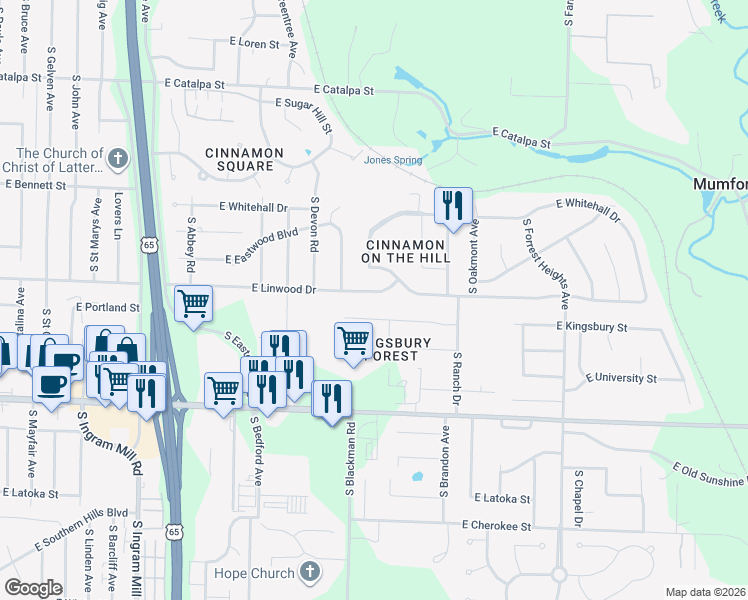 map of restaurants, bars, coffee shops, grocery stores, and more near 3837 East Kingsbury Street in Springfield