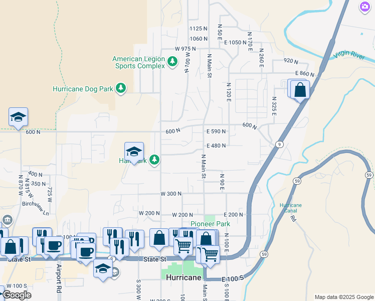 map of restaurants, bars, coffee shops, grocery stores, and more near 82 West Judd Lane in Hurricane