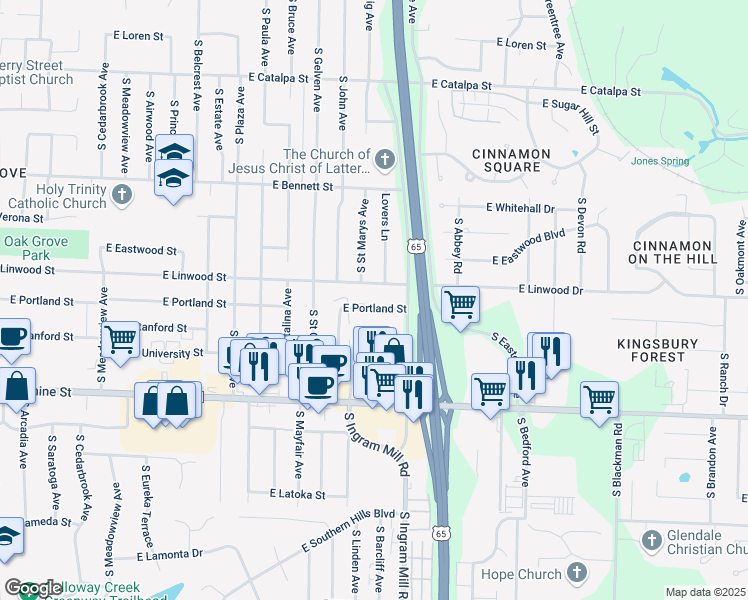 map of restaurants, bars, coffee shops, grocery stores, and more near 3340 East Portland Street in Springfield