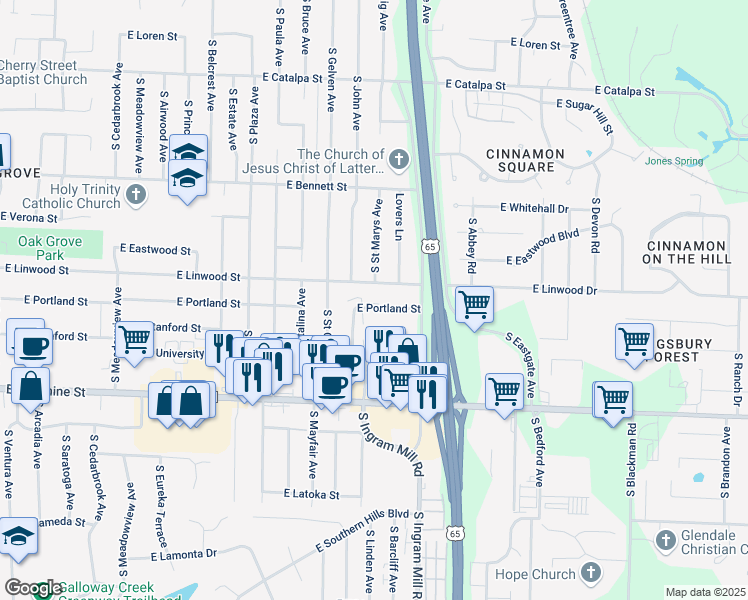 map of restaurants, bars, coffee shops, grocery stores, and more near 3250 East Portland Street in Springfield