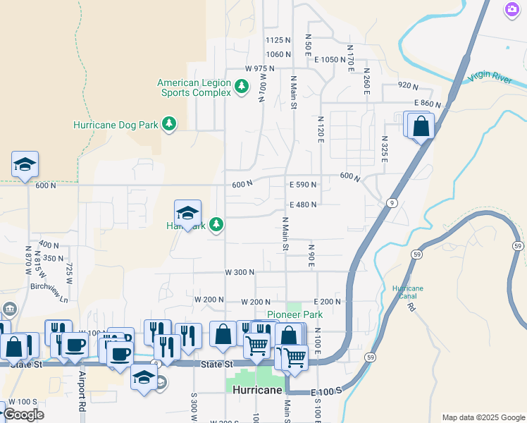 map of restaurants, bars, coffee shops, grocery stores, and more near 82 West Judd Lane in Hurricane