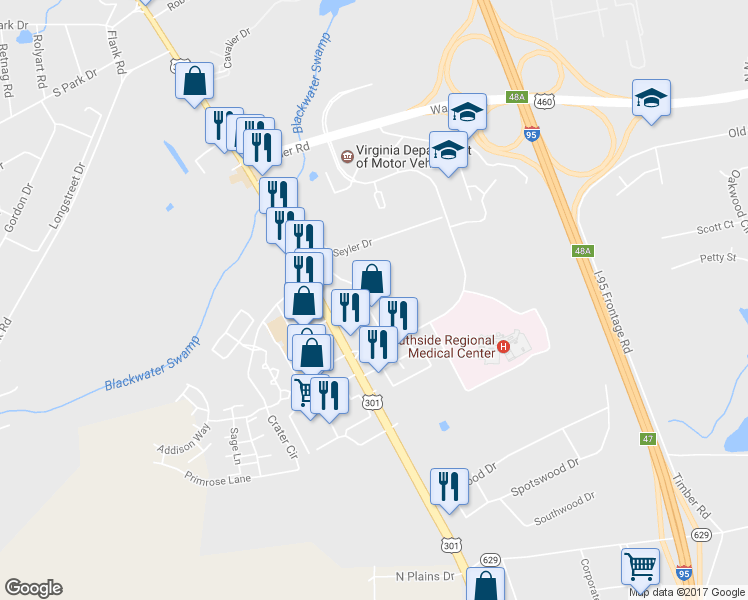 map of restaurants, bars, coffee shops, grocery stores, and more near 3298 South Crater Road in Petersburg
