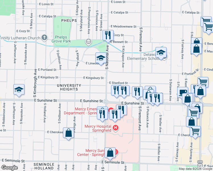 map of restaurants, bars, coffee shops, grocery stores, and more near South National Avenue in Springfield