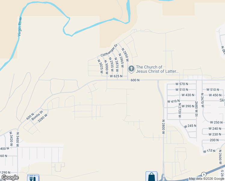 map of restaurants, bars, coffee shops, grocery stores, and more near 2975 West 570 North in Hurricane