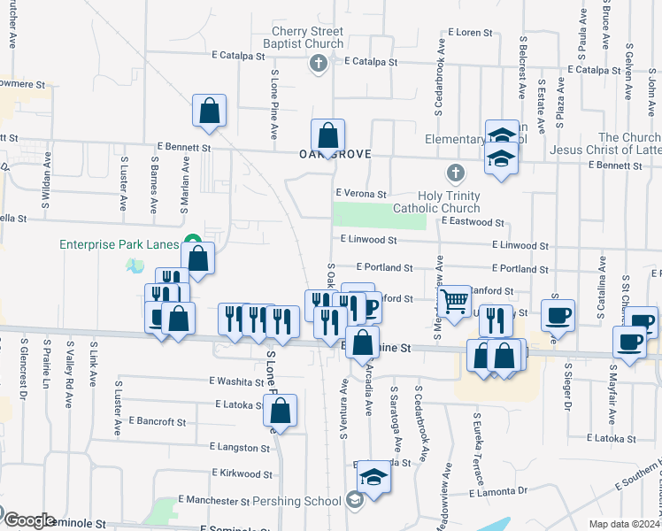 map of restaurants, bars, coffee shops, grocery stores, and more near E Portland St & S Oak Grove Ave in Springfield