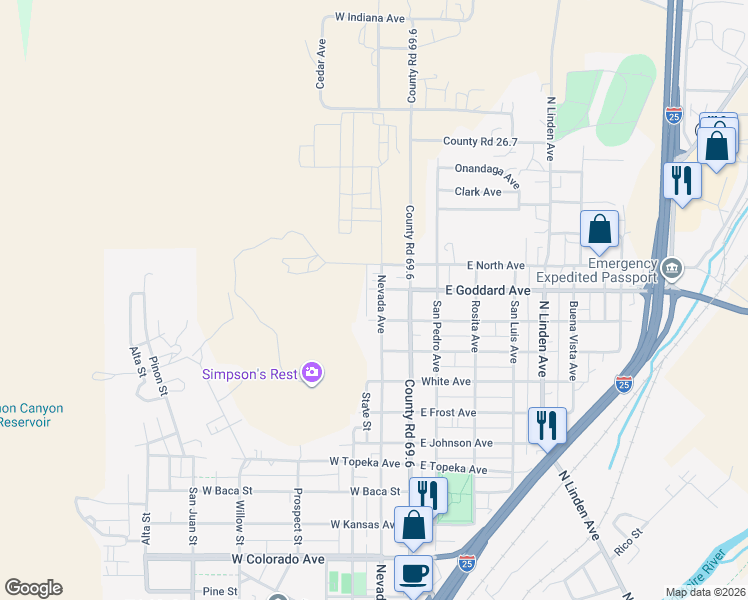 map of restaurants, bars, coffee shops, grocery stores, and more near 201 West Strong Avenue in Trinidad