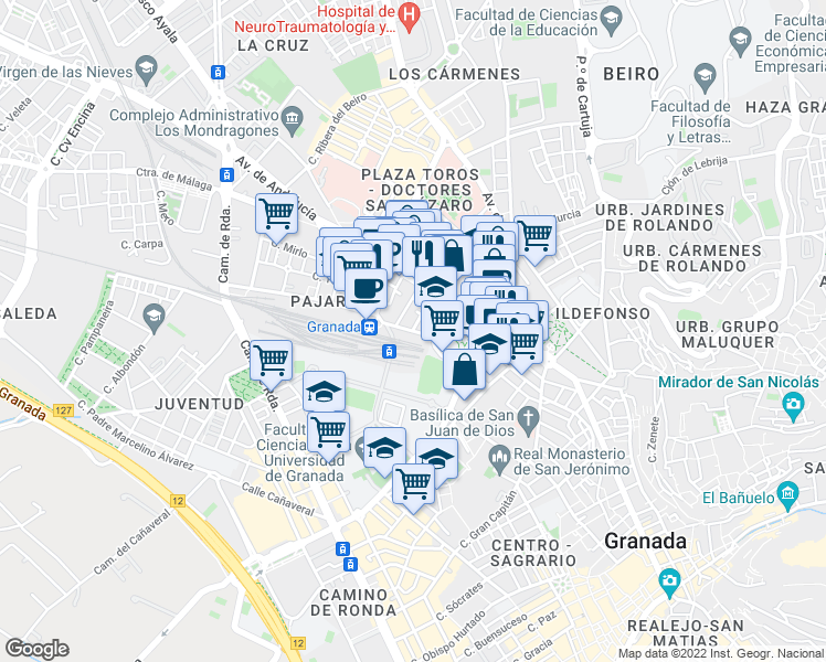 map of restaurants, bars, coffee shops, grocery stores, and more near Calle Doctor Jaime García Royo in Granada