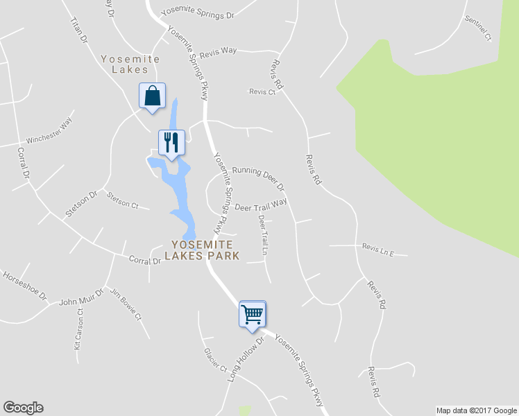 map of restaurants, bars, coffee shops, grocery stores, and more near Deer Trail Way in Yosemite Lakes
