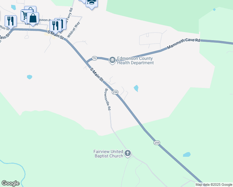 map of restaurants, bars, coffee shops, grocery stores, and more near 1430 South Main Street in Brownsville