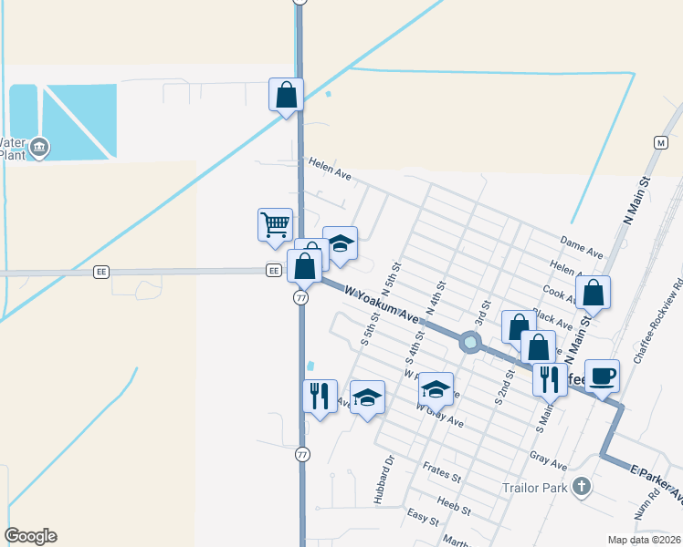 map of restaurants, bars, coffee shops, grocery stores, and more near 517 West Yoakum Avenue in Chaffee