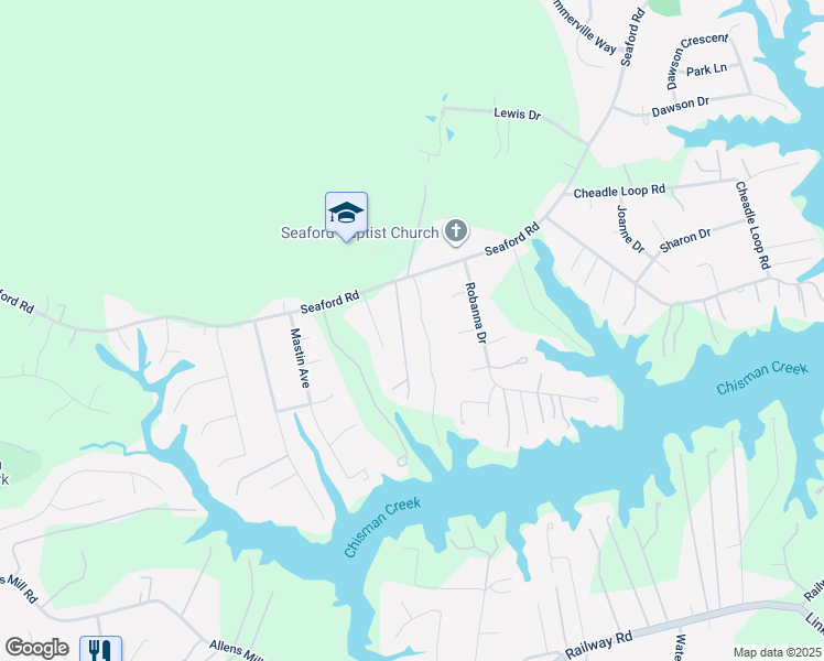 map of restaurants, bars, coffee shops, grocery stores, and more near 108 Chisman Landing in Seaford