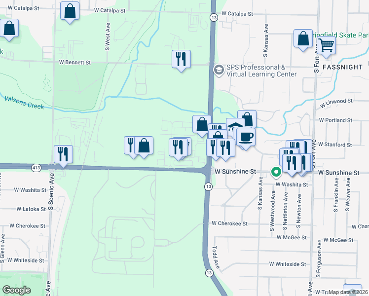 map of restaurants, bars, coffee shops, grocery stores, and more near 2015 West University Street in Springfield