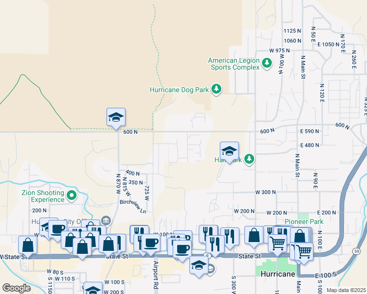 map of restaurants, bars, coffee shops, grocery stores, and more near 706 400 North in Hurricane
