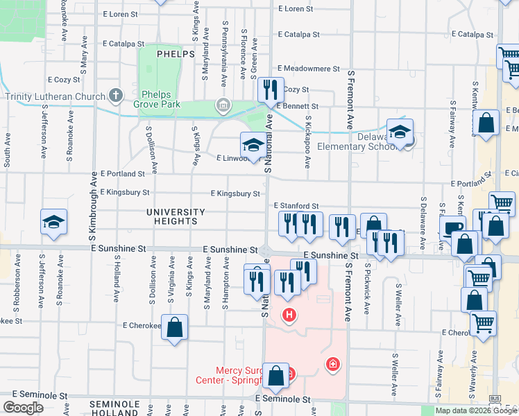 map of restaurants, bars, coffee shops, grocery stores, and more near 1140 East Stanford Street in Springfield