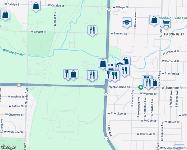 map of restaurants, bars, coffee shops, grocery stores, and more near 2015 West University Street in Springfield