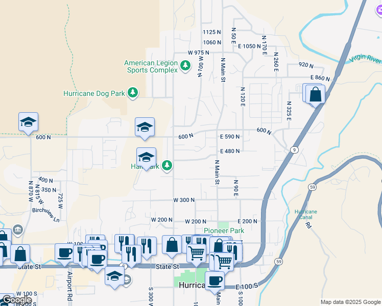 map of restaurants, bars, coffee shops, grocery stores, and more near 172 West 500 North in Hurricane